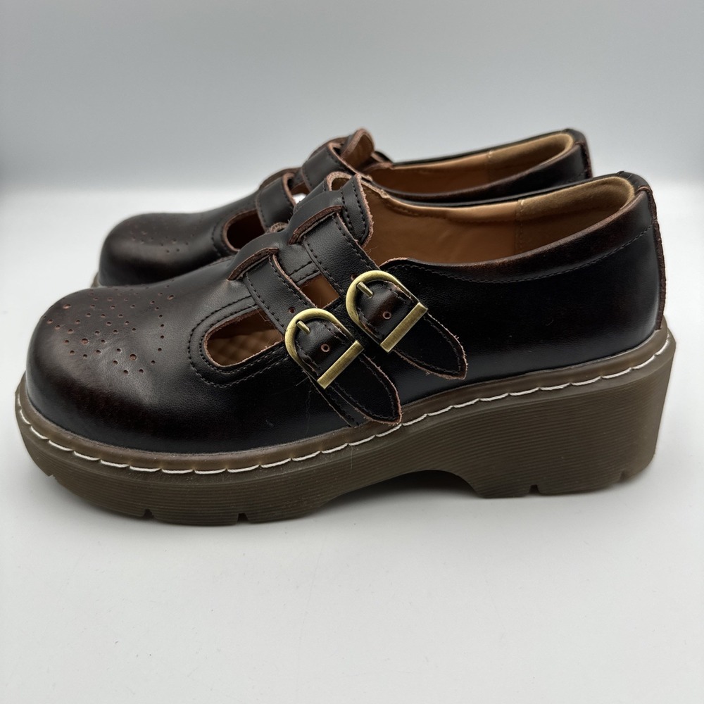 New MZDL Meizudongli Mary Jane Shoes Brown Leather Double Buckle 7.5/240 Chunky - Picture 5 of 13